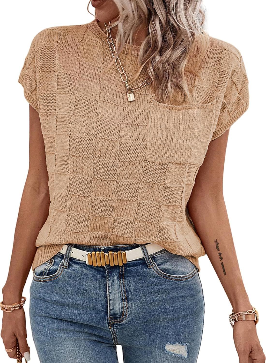 SHEWIN Women’s Cap Sleeve Sweater Vest Casual Crewneck Knit Short Sleeve Tops Lightweight T Shirts with Pocket