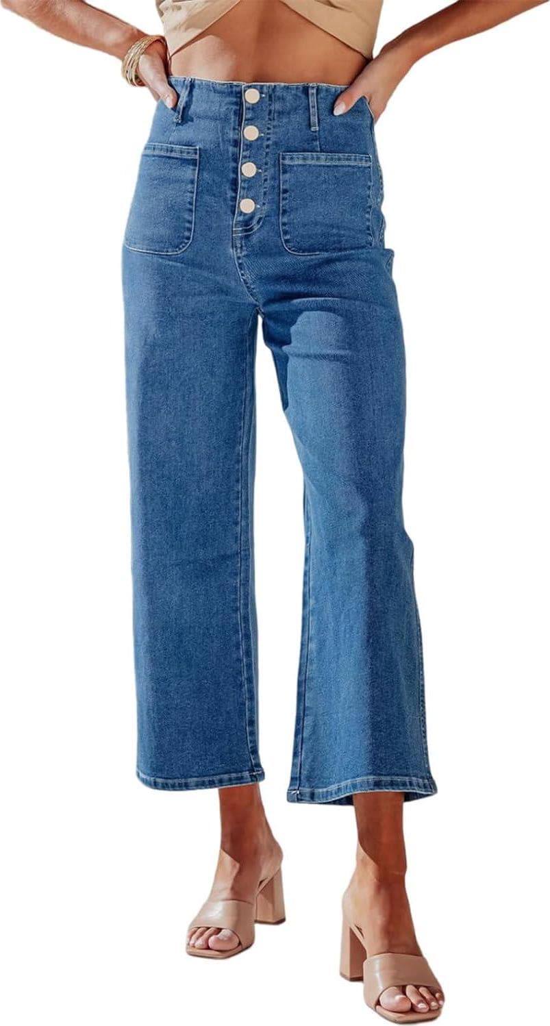 Sidefeel Women’s Wide Leg Jeans High Waisted Stretchy Straight Leg Jeans Buttoned Loose Denim Pants with Pocket