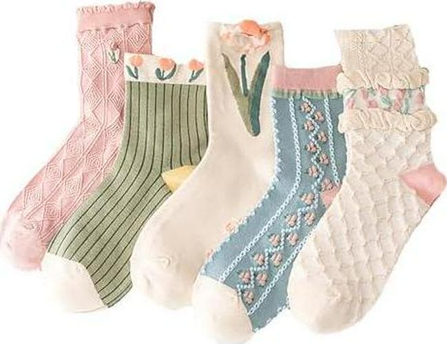Sumleno 5 Pairs Cute Floral Ruffle Socks for Women and Girls Kawaii Cutecore Cotton Frilly Socks Cottagecore Clothes