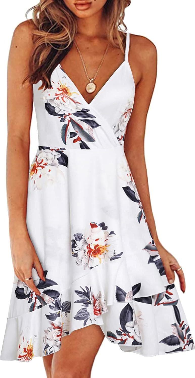 ULTRANICE Women’s Summer Dresses 2024 Spring Floral V Neck Adjustable Spaghetti Casual Beach Outfits Clothes Flowy Wrap Dress