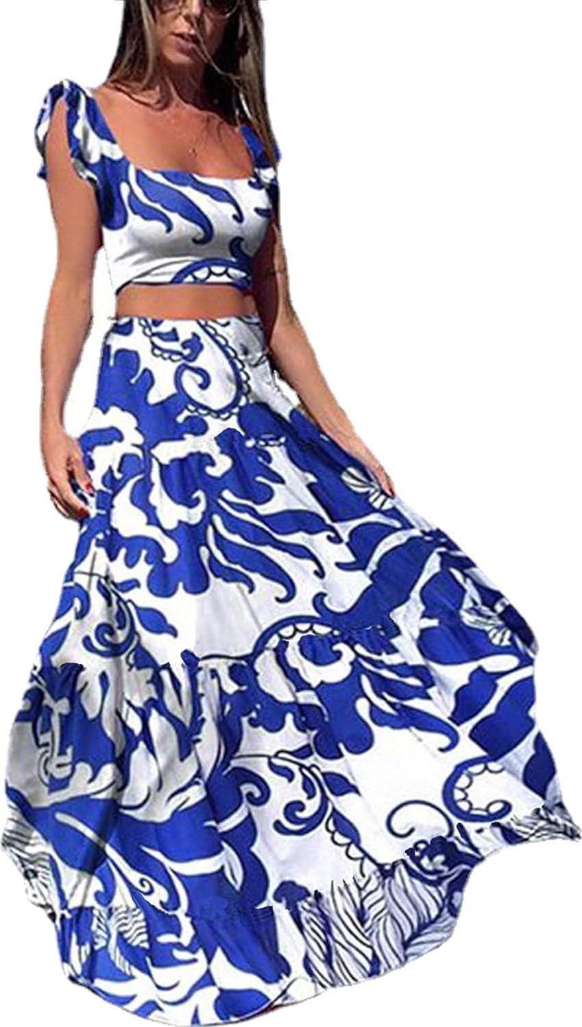 Vakkest Womens Summer Sexy 2 Pieces Outfits Ruffle Floral Tank Top Wrap Boho Tropical Long Skirt Set Clubwear Dresses