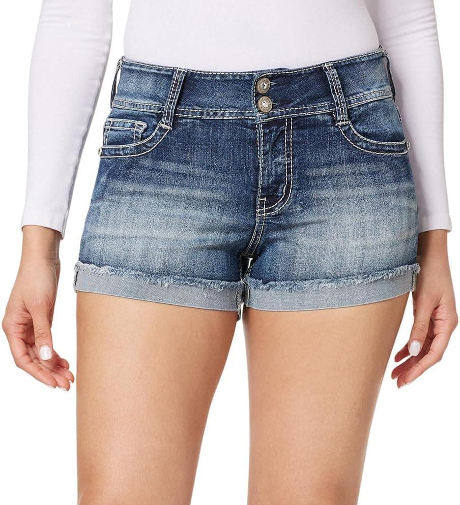 WallFlower Women’s Luscious Curvy Denim Shorts Mid-Rise Bling and Belted Insta Stretch Juniors (Standard and Plus)