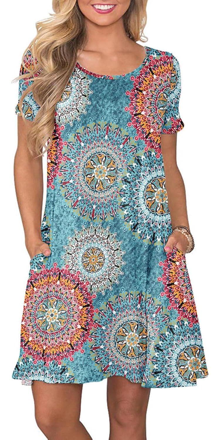 WNEEDU Women’s Summer Casual T Shirt Dresses Short Sleeve Swing Dress with Pockets