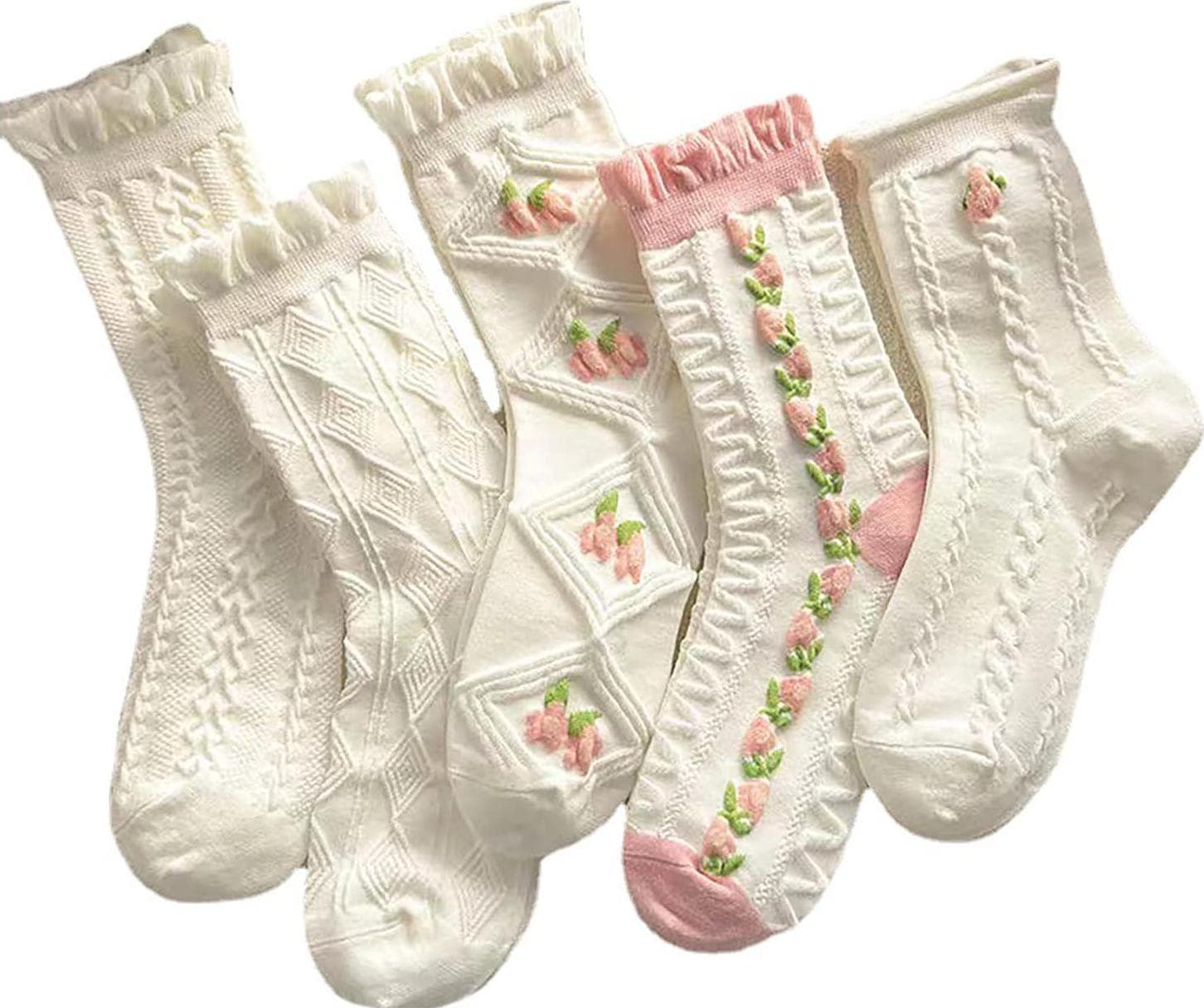Women’s Floral Design Vintage Crew Socks Ethnic Jacquard Knit Set