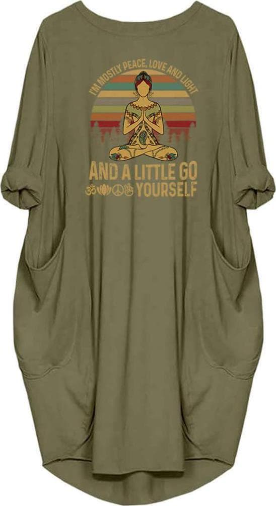 Womens I’m Mostly Peace Love and Light and A Little Go Print Long Sleeve Loose Pocket Oversize Tunic Dress