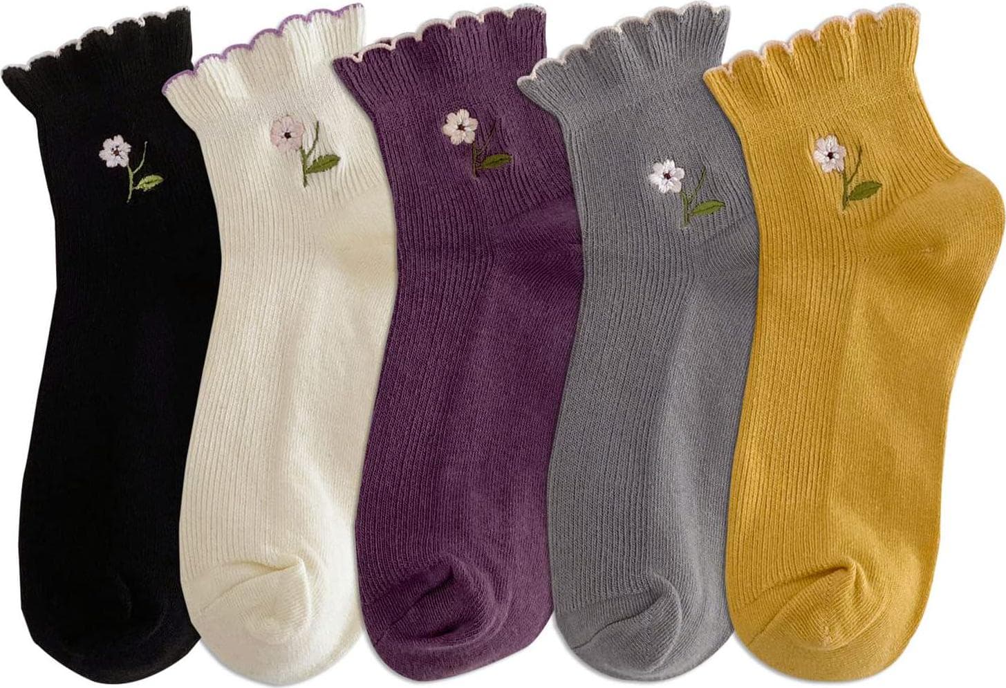 Women’s Ruffle Frilly Rib Knit Crew Socks Floral Embroidery Scalloped Pointelle Casual Ankle Socks 5 Pairs