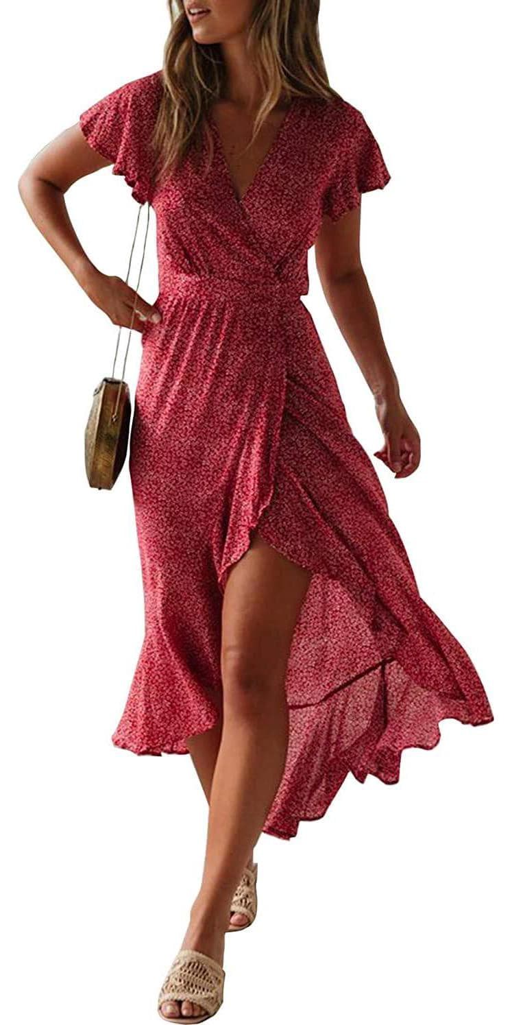 ZESICA Women’s 2024 Bohemian Floral Printed Wrap V Neck Short Sleeve Split Beach Party Maxi Dress