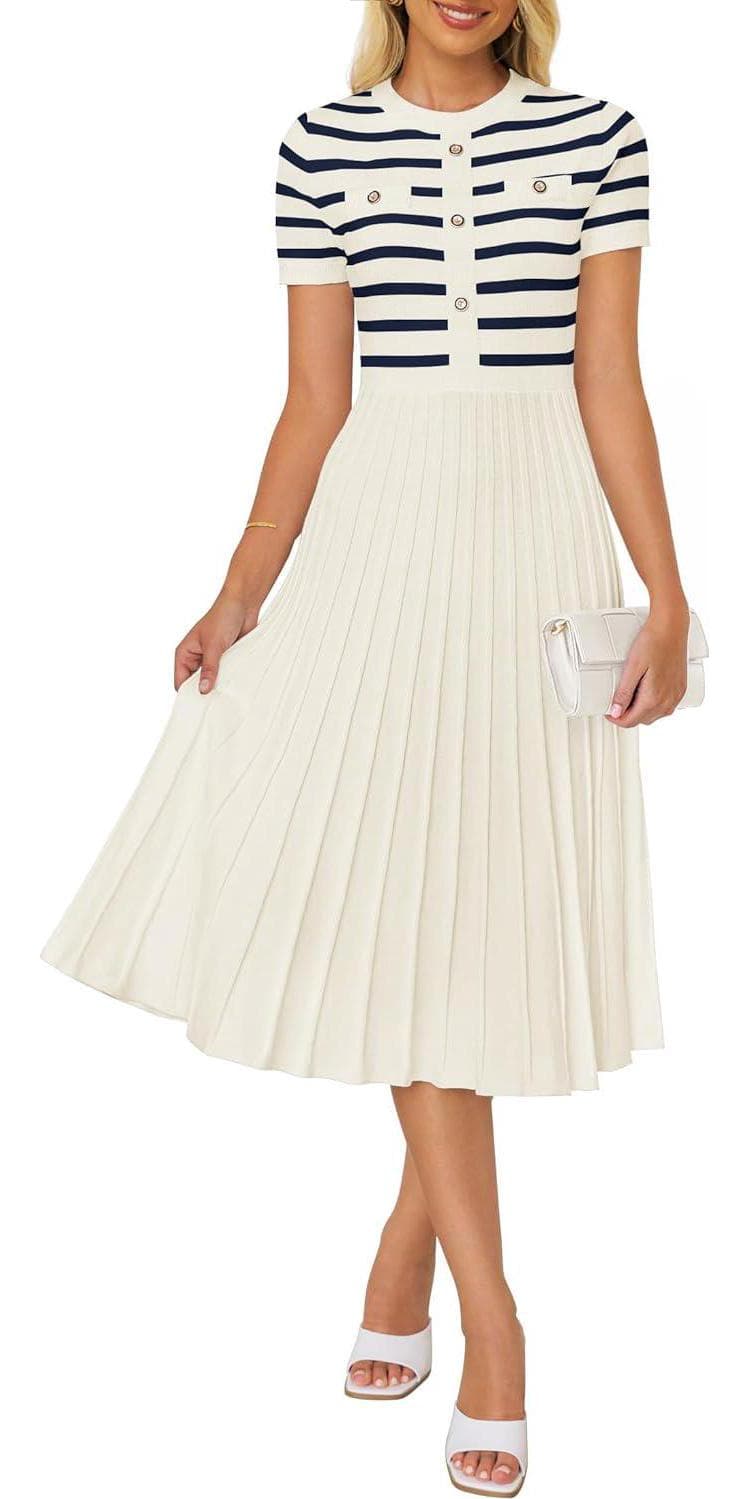 ZESICA Women’s Casual Striped Midi Dress Crewneck Short Sleeve Button Ribbed Knit Swing Pleated A Line Dresses