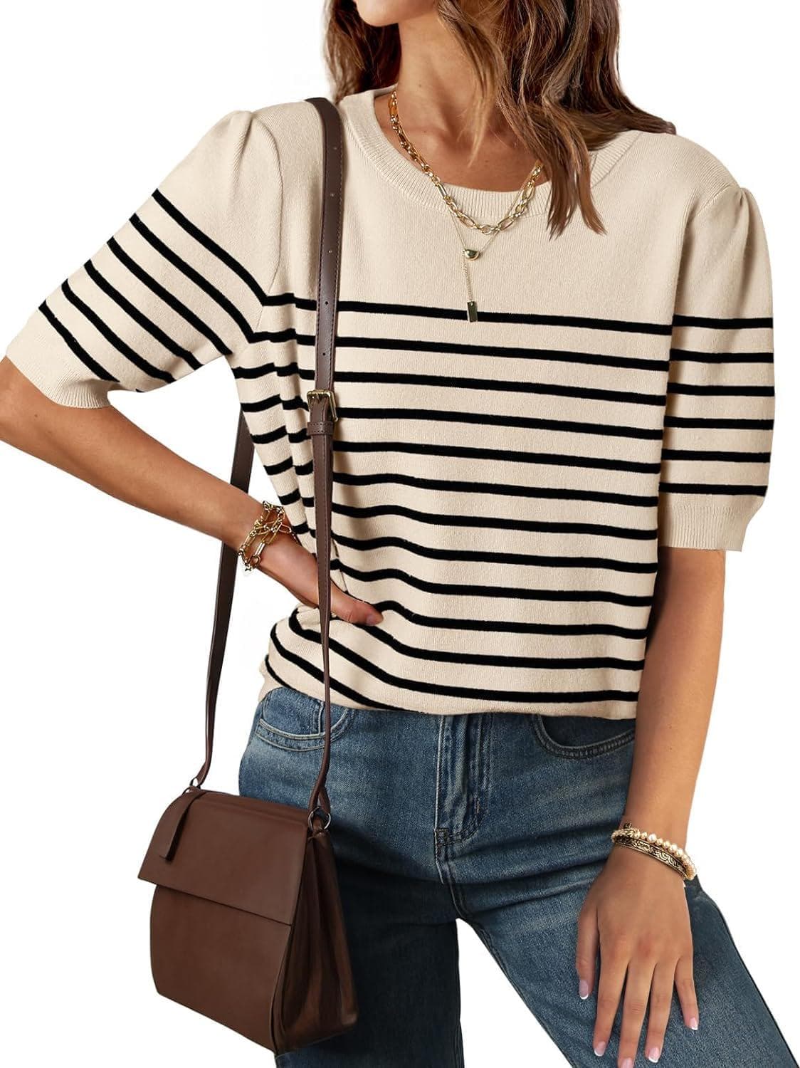 ZESICA Women’s Casual Striped Tops Short Sleeve Crew Neck Ribbed Knit T Shirts Comfy Loose Basic Pullover Sweater